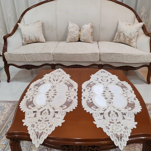 رومیزی بیضی مخمل دانتل سه تکه ترک طرح آیسل