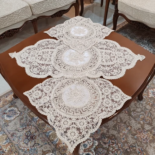 رومیزی دانتل بیضی مربع سه تکه ترک اصل طرح ورساچه