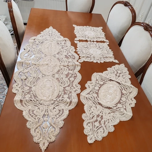ست رومیزی پنج تکه مخمل دانتل ترک طرح النا