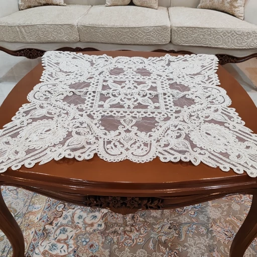 رومیزی مربع دانتل ترک اصل سه تکه طرح الگانت