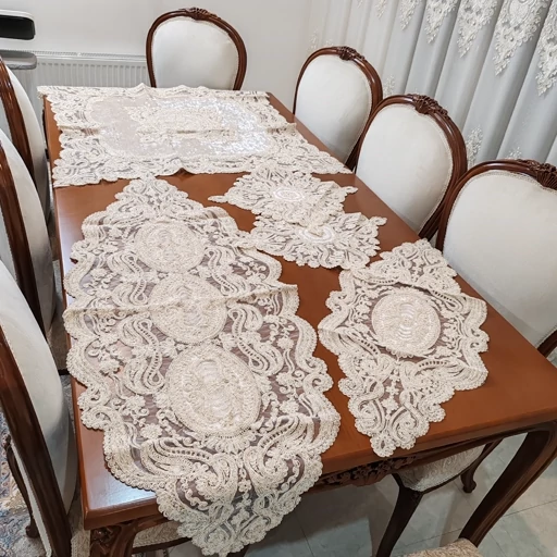 ست رومیزی پنج تکه مخمل دانتل ترک طرح النا