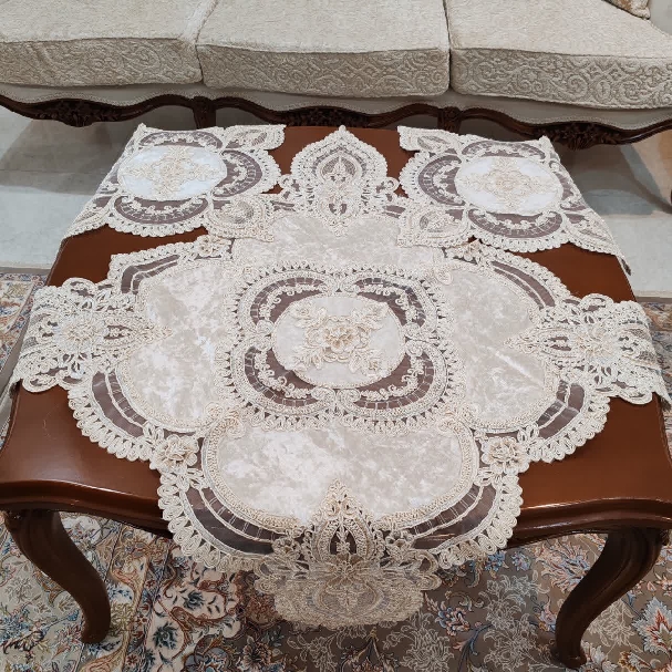 رومیزی مربع مخمل دانتل سه تکه ترک طرح آیسل