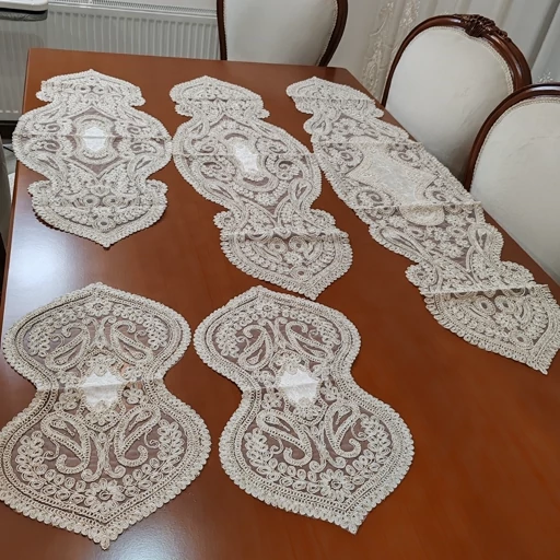 سرویس رومیزی دانتل مخمل پنج تکه ترک اصل طرح صدف
